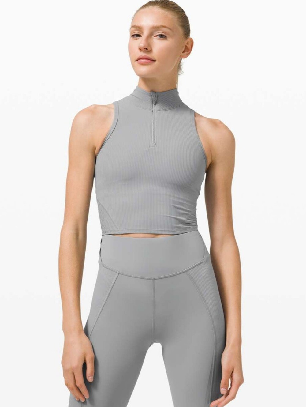 Lululemon Gray Rib Zip-Front Cropped Run Tank Top Rhino Grey